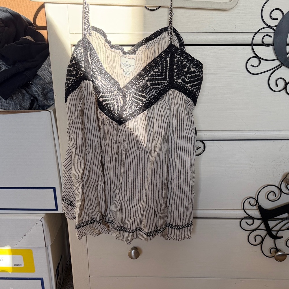 American Eagle Outfitters Cream and Black Striped Lace-Trim Camisole